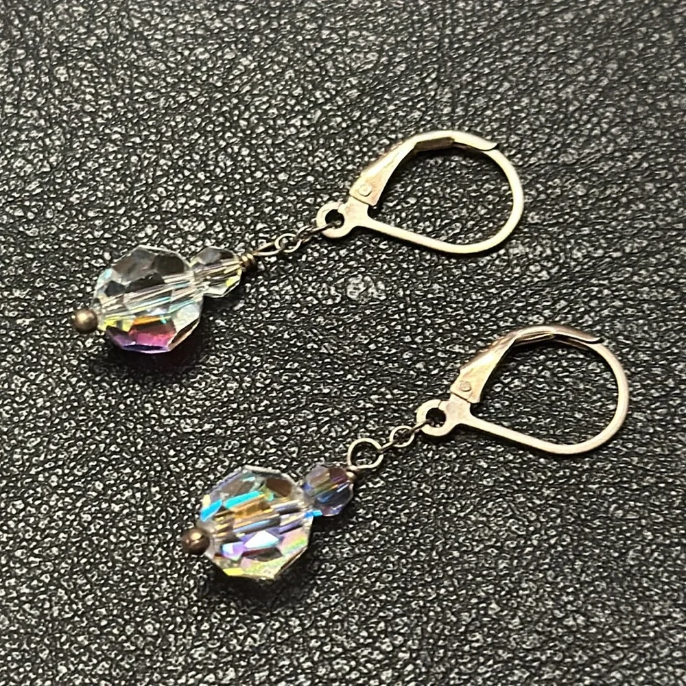 925 Silver Wire Hook Lever Back AB Clear Crystal Dangle Vintage Earrings